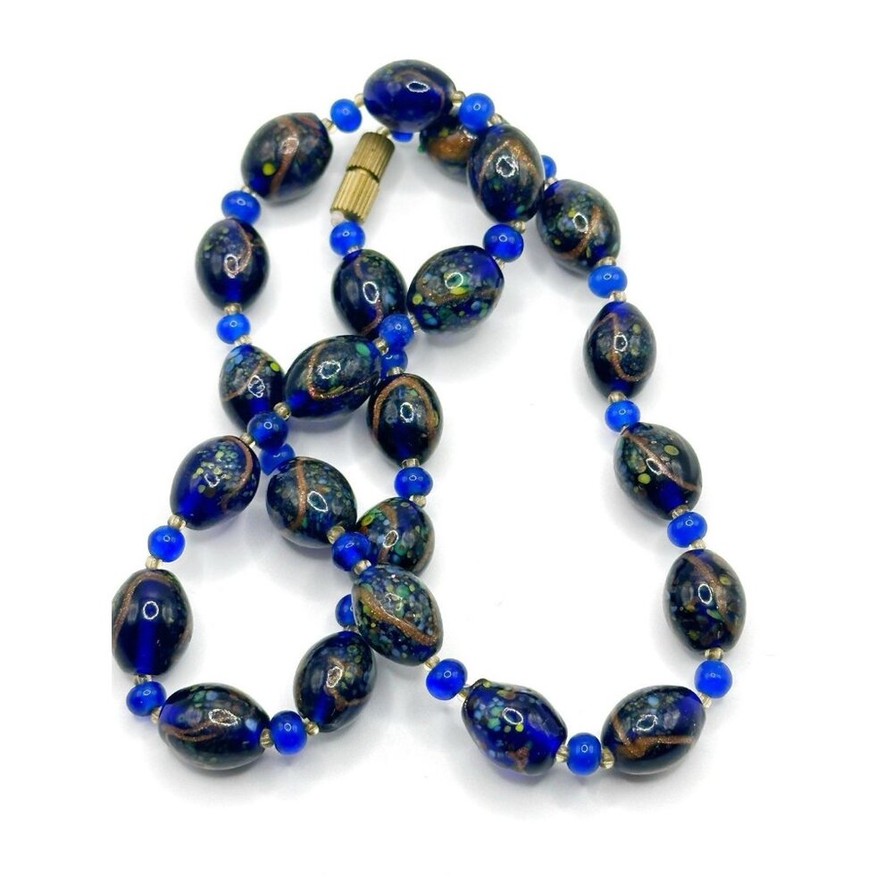 Vintage‎ Art Glass Necklace Goldstone Swirl Spattered Glass Beads